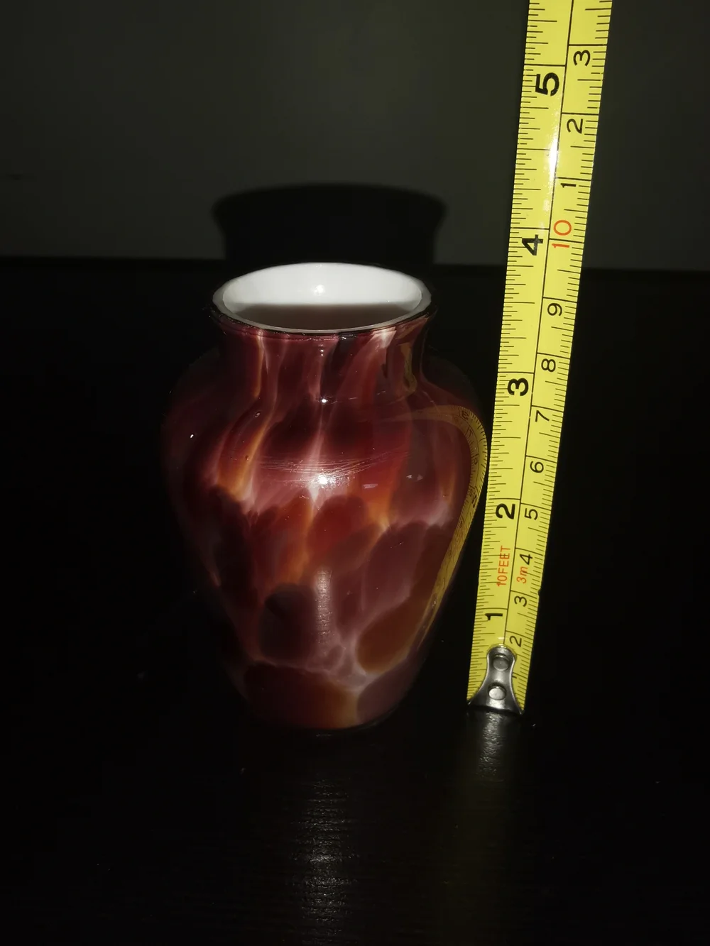Hand Blown Art Glass Spatter Vase Burgundy Purple Amber W/Bulbous Body 3.5